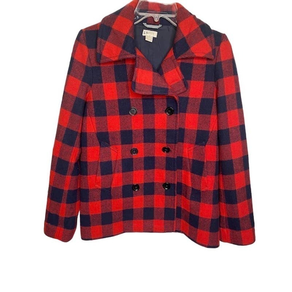 J Crew Women's‎ Collared Double Breast Long Sleeves Lined Coat Red Check Size 4